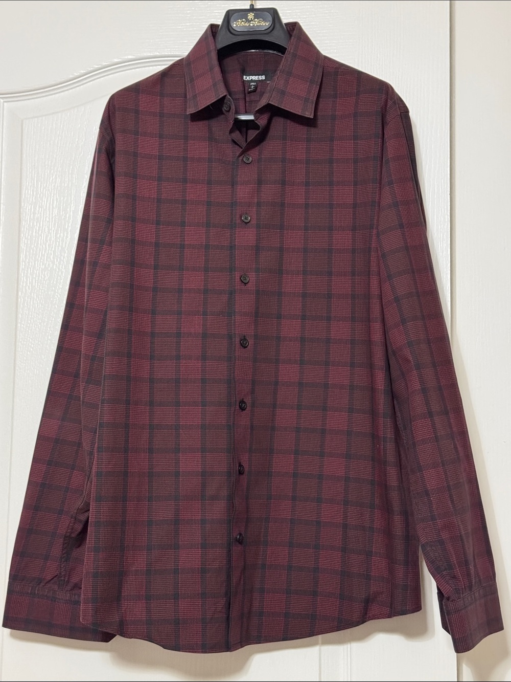 Express Slim Fit Men's Burgundy and Black Plaid Button-Down Shirt